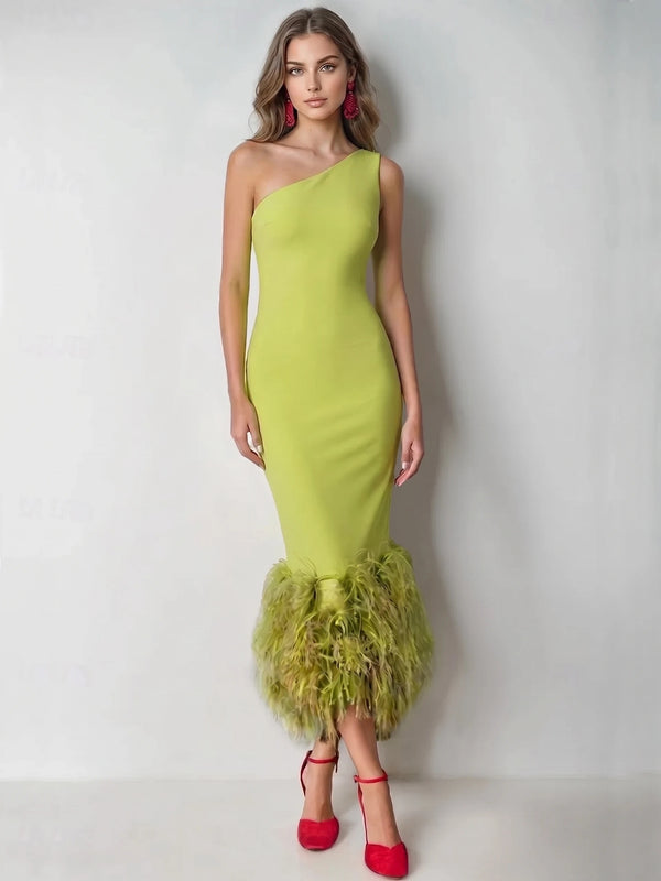 Mermaid Cocktail Party Dress One Shoulder Sleeveless Ankle Length Feather Dress Formal Dress