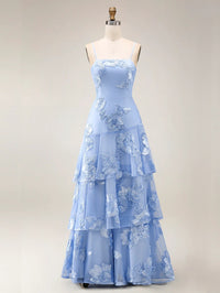 A Line  Tiered Prom Dresses Ruffled Spaghetti Straps Floral Wedding Guest Dresses Floor-length With Flower Embroidery