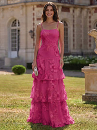 A Line  Tiered Prom Dresses Ruffled Spaghetti Straps Floral Wedding Guest Dresses Floor-length With Flower Embroidery