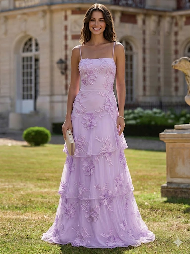 A Line  Tiered Prom Dresses Ruffled Spaghetti Straps Floral Wedding Guest Dresses Floor-length With Flower Embroidery