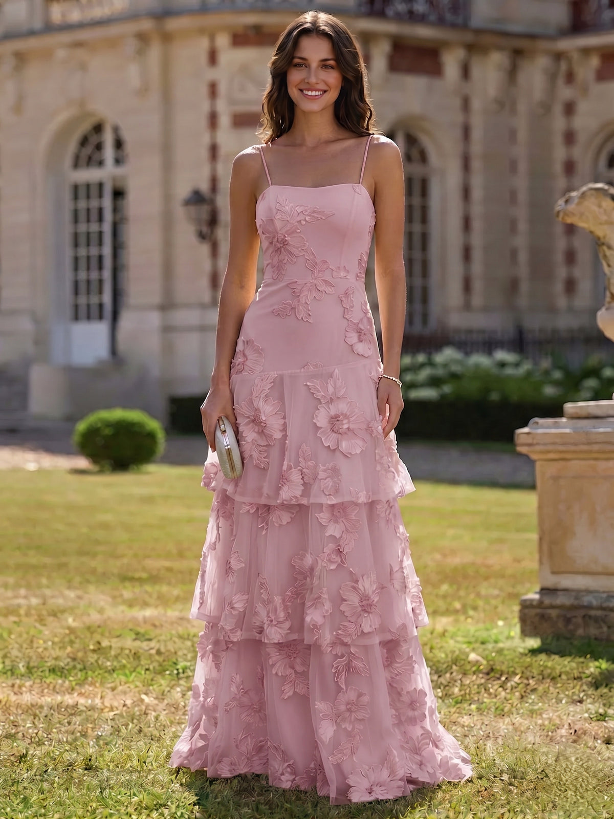 Nafori Mauve A Line Tiered Prom Dresses Ruffled Spaghetti Straps Floral Wedding Guest Dresses Floor-length With Flower Embroidery 2026