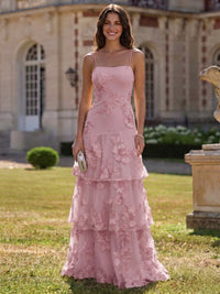 A Line  Tiered Prom Dresses Ruffled Spaghetti Straps Floral Wedding Guest Dresses Floor-length With Flower Embroidery