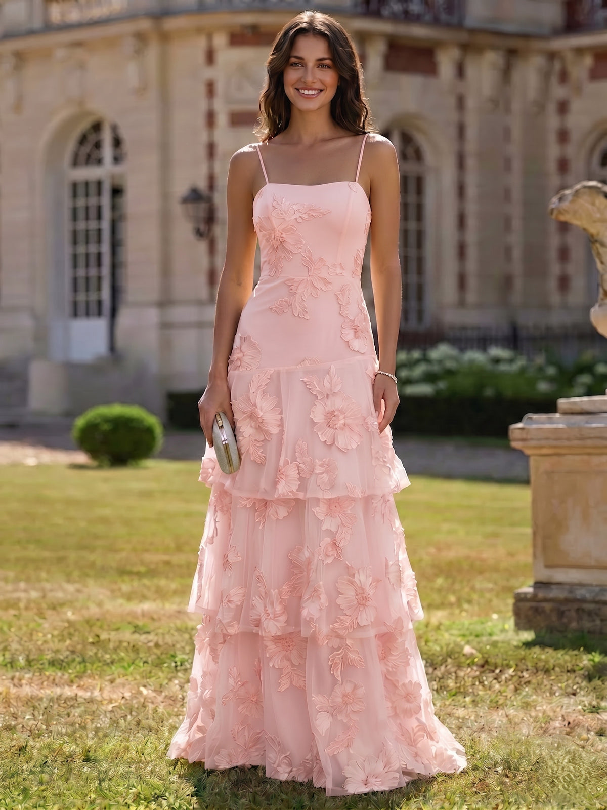 Nafori Yellow A Line Tiered Prom Dresses Ruffled Spaghetti Straps Floral Wedding Guest Dresses Floor-length With Flower Embroidery 2026