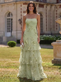 A Line  Tiered Prom Dresses Ruffled Spaghetti Straps Floral Wedding Guest Dresses Floor-length With Flower Embroidery