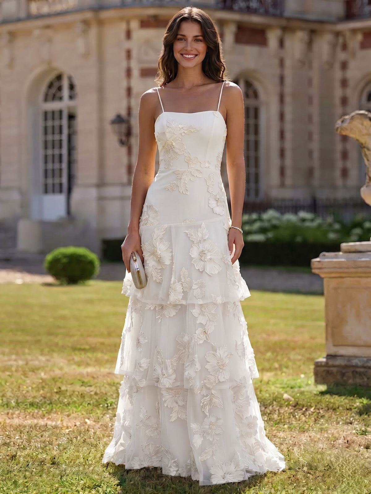 A Line  Tiered Prom Dresses Ruffled Spaghetti Straps Floral Wedding Guest Dresses Floor-length With Flower Embroidery