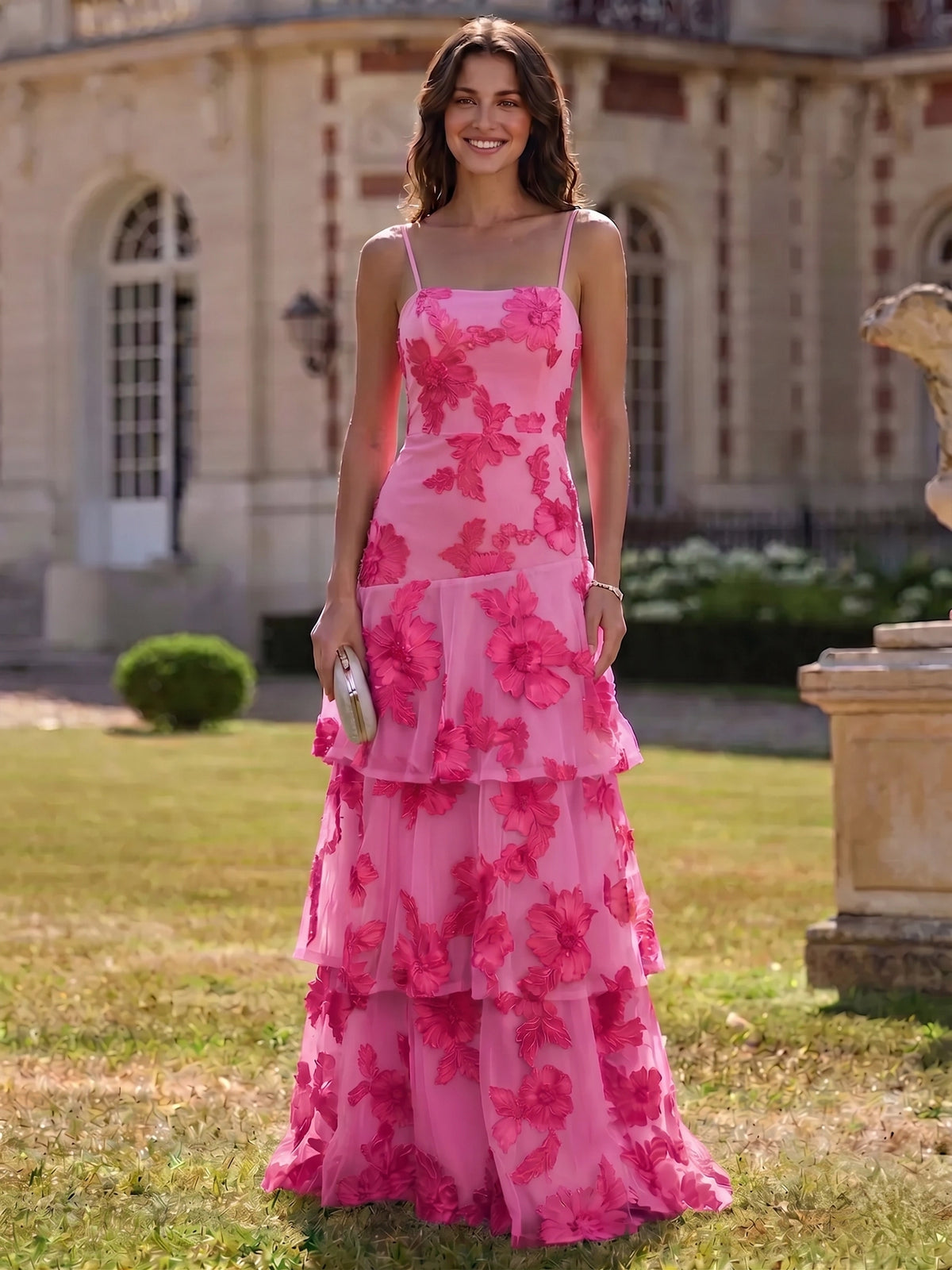 A Line Tiered Prom Dresses Ruffled Spaghetti Straps Floral Wedding Gue – Nafori