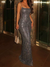 Sheath/Column Evening Dress Sweetheart Spaghetti Straps Floor Length Long Ruffled Sparkle Rhinestone Evening Dress Hot-Fix Process