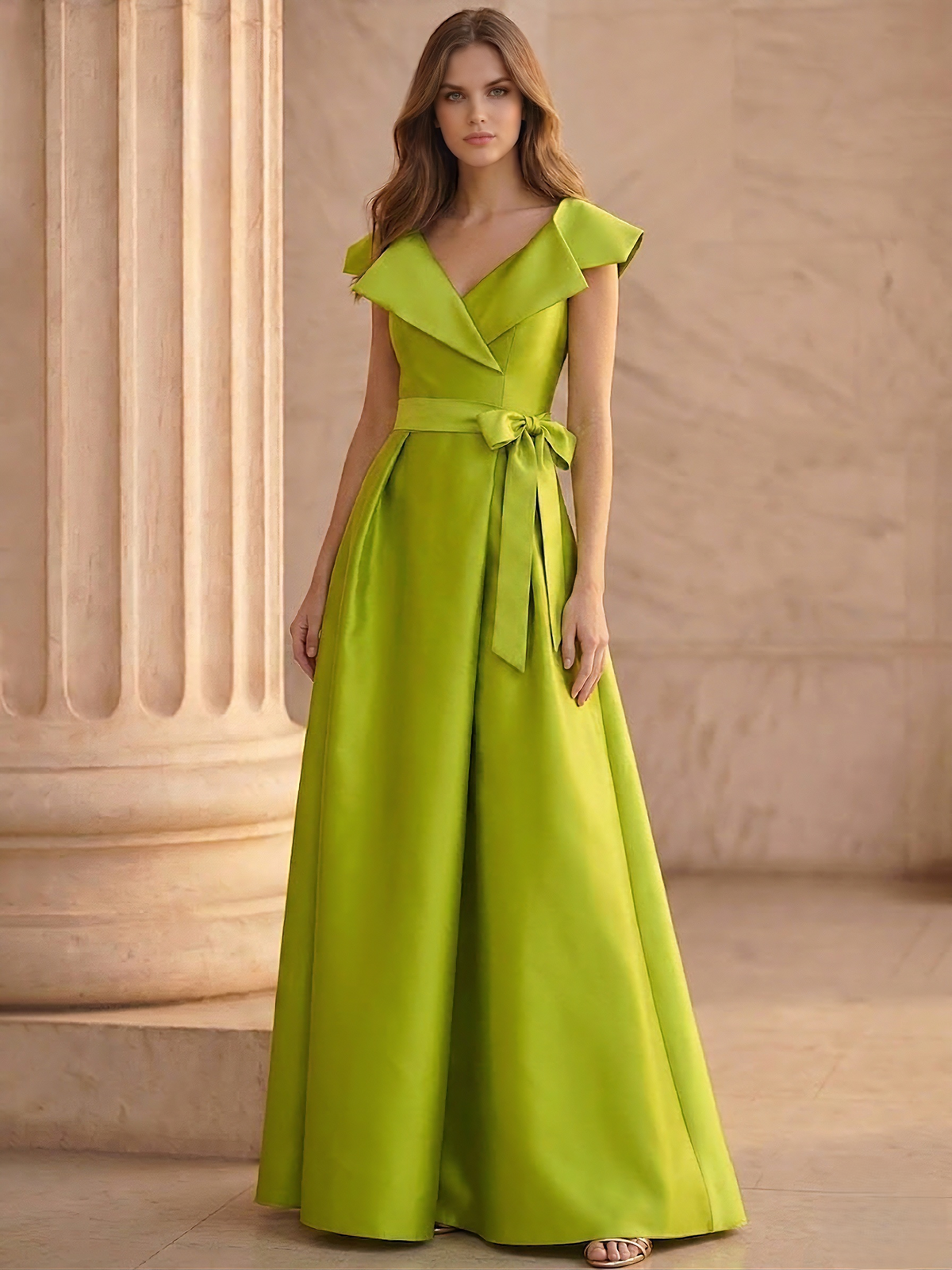 A-Line Evening Dress Short Sleeve Floor Length V Neck Satin Dress With – Nafori