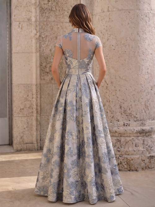 A-Line Evening Gown Elegant Floral Dress Cape Sleeve Jacquard Satin Ruched Mother of the Bride Dresses Formal Evening