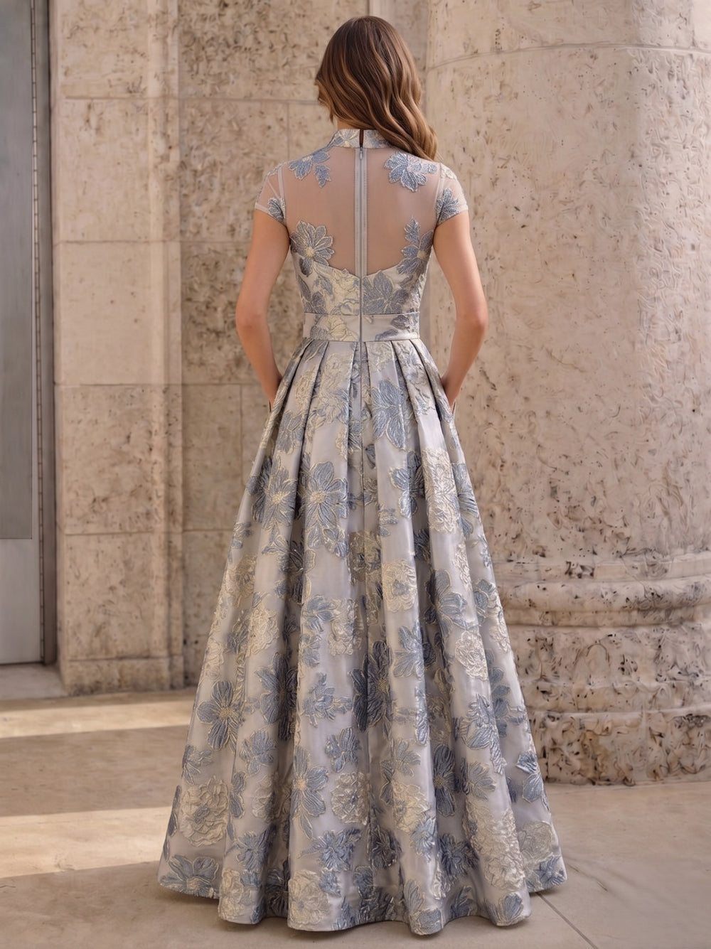 A-Line Evening Gown Elegant Floral Dress Cape Sleeve Jacquard Satin Ruched Mother of the Bride Dresses Formal Evening