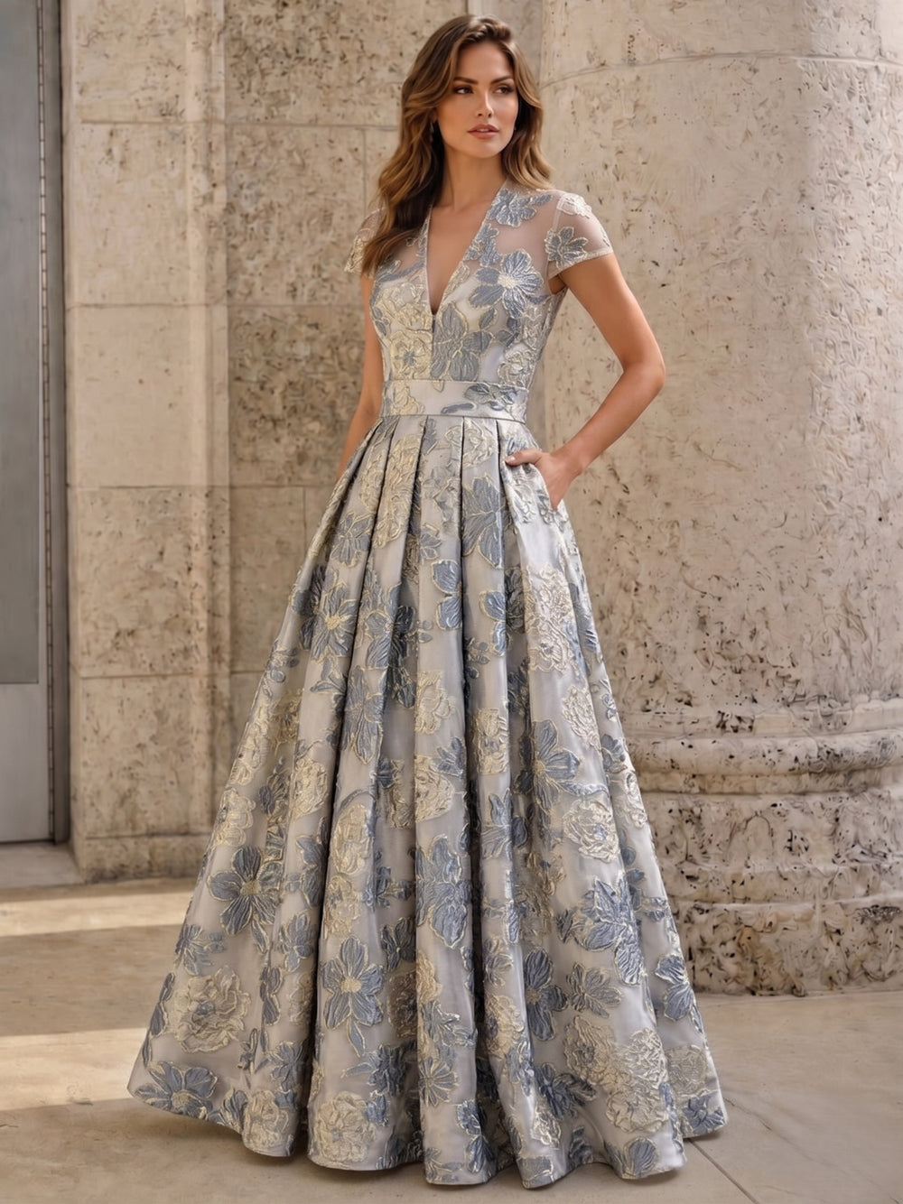 A-Line Evening Gown Elegant Floral Dress Cape Sleeve Jacquard Satin Ruched Mother of the Bride Dresses Formal Evening