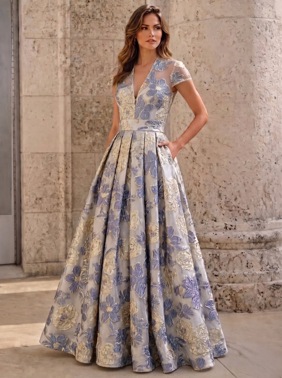 Nafori Dusty Blue A-Line Evening Gown Elegant Floral Dress Cape Sleeve Jacquard Satin Ruched Mother of the Bride Dresses 2026