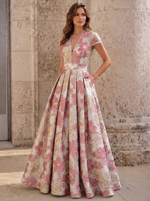 A-Line Evening Gown Elegant Floral Dress Cape Sleeve Jacquard Satin Ruched Mother of the Bride Dresses Formal Evening