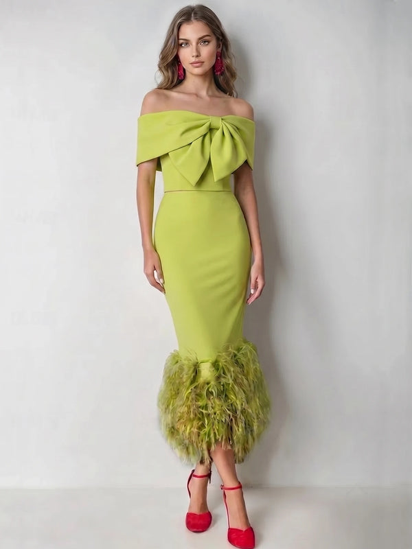 Mermaid Cocktail Party Dress Off The Shoulder Sleeveless Ankle Length Feather Dress Formal Dress With Bow