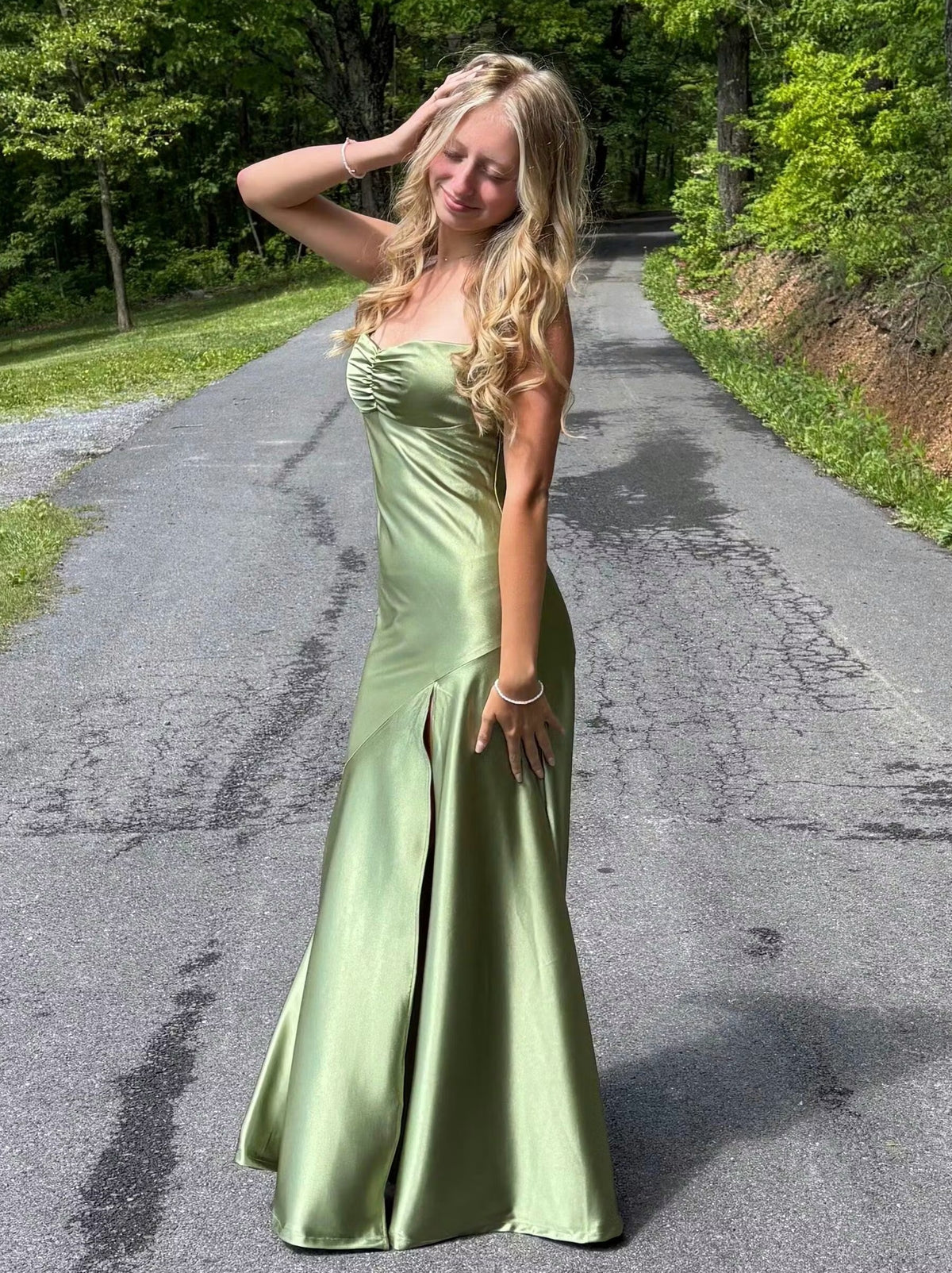 Sheath/Column Yellow Prom Dresses Satin Spaghetti Straps Sleeveless Floor-length With Side Split