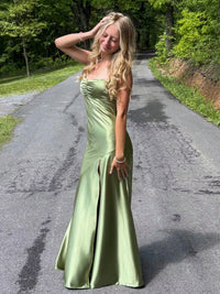 Sheath/Column Yellow Prom Dresses Satin Spaghetti Straps Sleeveless Floor-length With Side Split