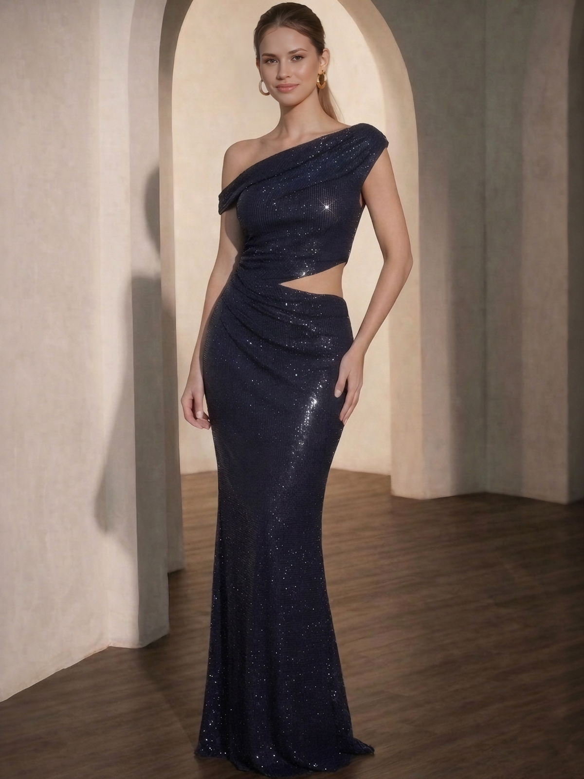 Sheath/Column Evening Dress Off The Shoulder Ankle Length Long Sparkle Rhinestone Party Dress with Side Waist Cutout