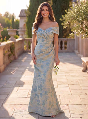 Sheath/Column Evening Gown Elegant Floral Jacquard Satin Off the Shoulder Floor-Length Formal Mother Of The Bride Dress