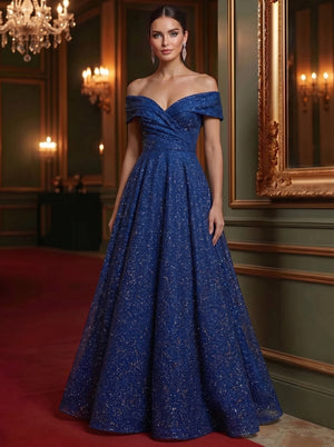A-Line/Princess Evening Dress Wedding Party Ruched Floor Length Off The Shoulder Sparkle Formal Mother Of The Bride Dresses With Glitter