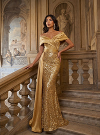Sequin Mermaid / Trumpet Evening Gown Elegant Dress Formal Wedding Floor Length Sleeveless Off Shoulder Sequined