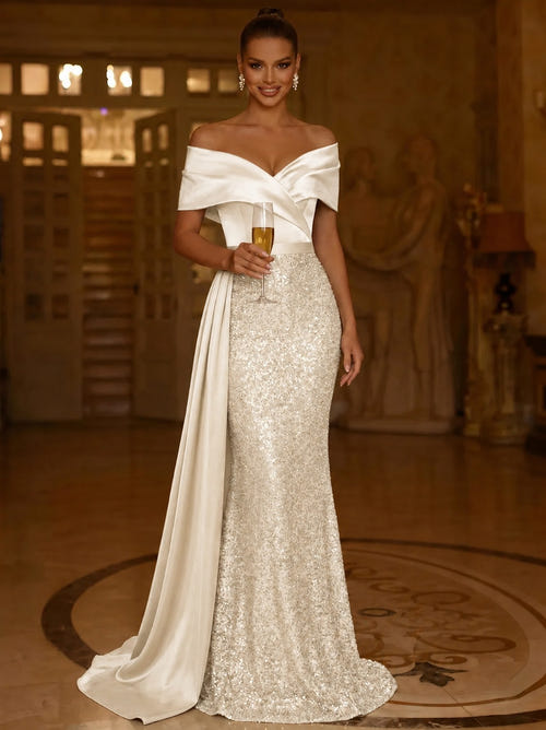 Sequin Mermaid / Trumpet Evening Gown Elegant Dress Formal Wedding Floor Length Sleeveless Off Shoulder Sequined
