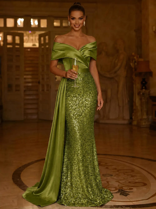 Sequin Mermaid / Trumpet Evening Gown Elegant Dress Formal Wedding Floor Length Sleeveless Off Shoulder Sequined