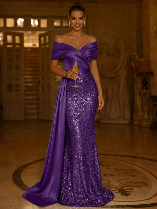 Sequin Mermaid / Trumpet Evening Gown Elegant Dress Formal Wedding Floor Length Sleeveless Off Shoulder Sequined
