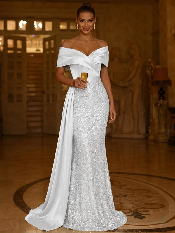 Sequin Mermaid / Trumpet Evening Gown Elegant Dress Formal Wedding Floor Length Sleeveless Off Shoulder Sequined
