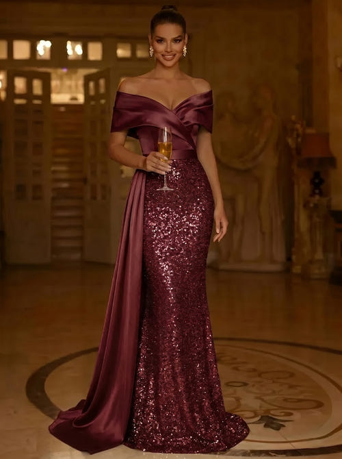 Sequin Mermaid / Trumpet Evening Gown Elegant Dress Formal Wedding Floor Length Sleeveless Off Shoulder Sequined
