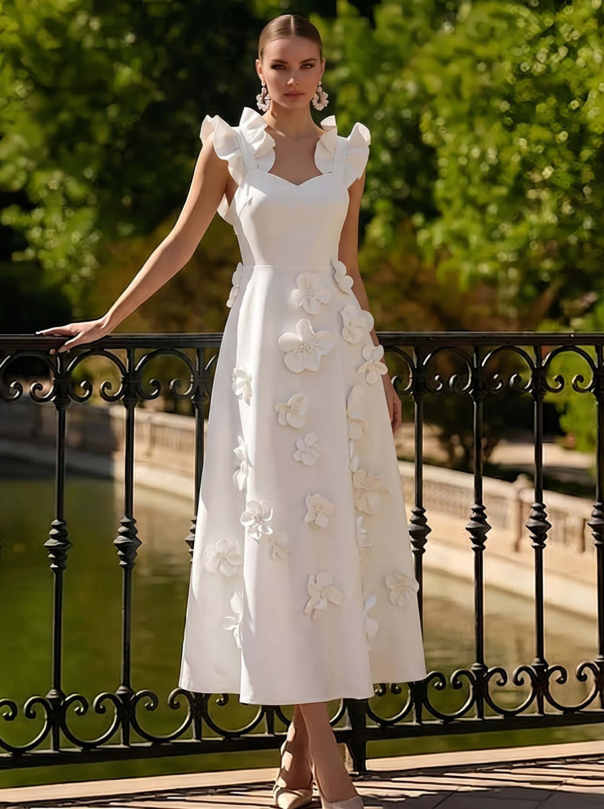 A Line/Princesses Cocktail Dress Floral Sleevelss Ankle-Length Dress Boat Neck With 3D Floral