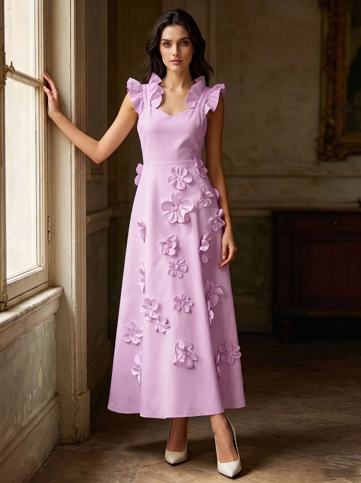 A Line/Princesses Cocktail Dress Floral Sleevelss Ankle-Length Dress Boat Neck With 3D Floral