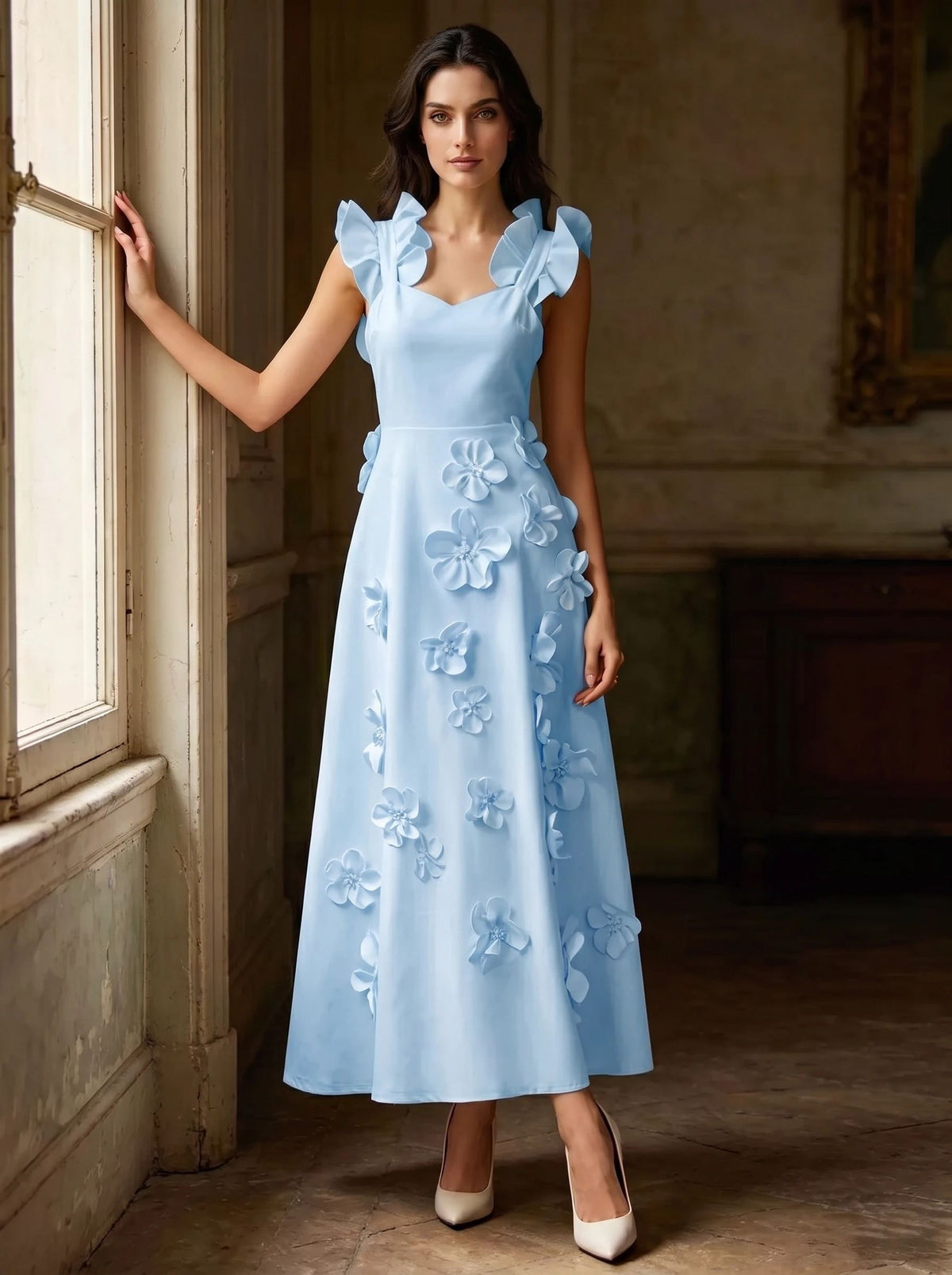 A Line/Princesses Cocktail Dress Floral Sleevelss Ankle-Length Dress Boat Neck With 3D Floral