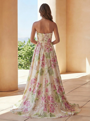 A-Line/Princess Long Prom Dresses Sparkly Pink Floral Strapless Floor-Length Beads Formal Gowns