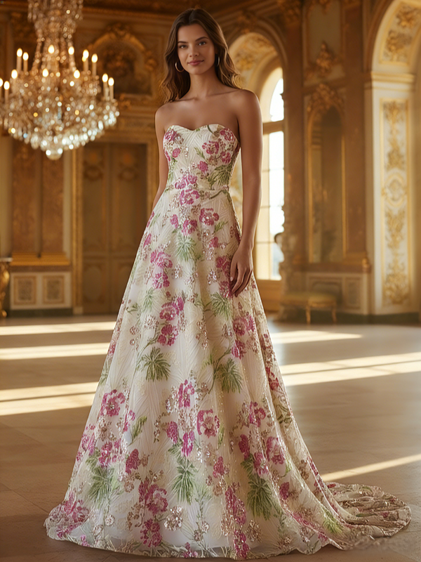 A-Line/Princess Long Prom Dresses Sparkly Pink Floral Strapless Floor-Length Beads Formal Gowns