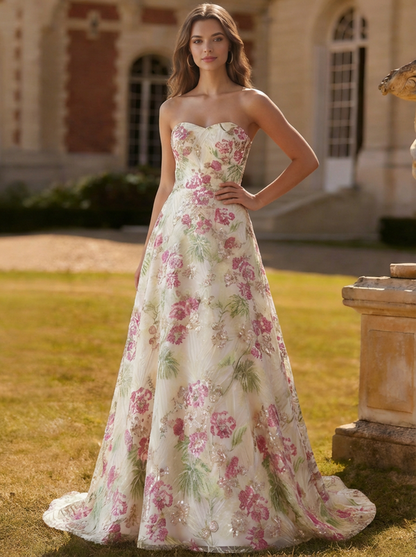 A-Line/Princess Long Prom Dresses Sparkly Pink Floral Strapless Floor-Length Beads Formal Gowns