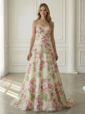 A-Line/Princess Long Prom Dresses Sparkly Pink Floral Strapless Floor-Length Beads Formal Gowns