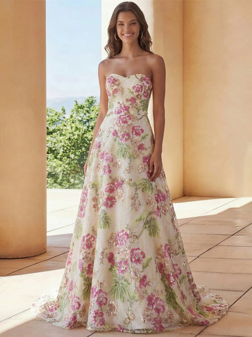 A-Line/Princess Long Prom Dresses Sparkly Pink Floral Strapless Floor-Length Beads Formal Gowns