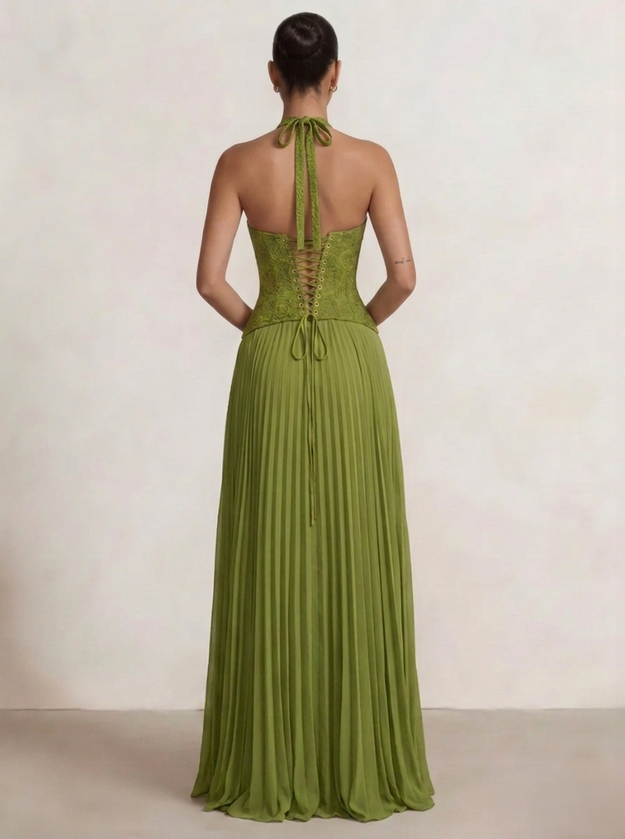 Mermaid Prom Dresses Lace Halter Neck Sleeves Floor-length Formal Dress With Pleated Maxi Chiffon Dress