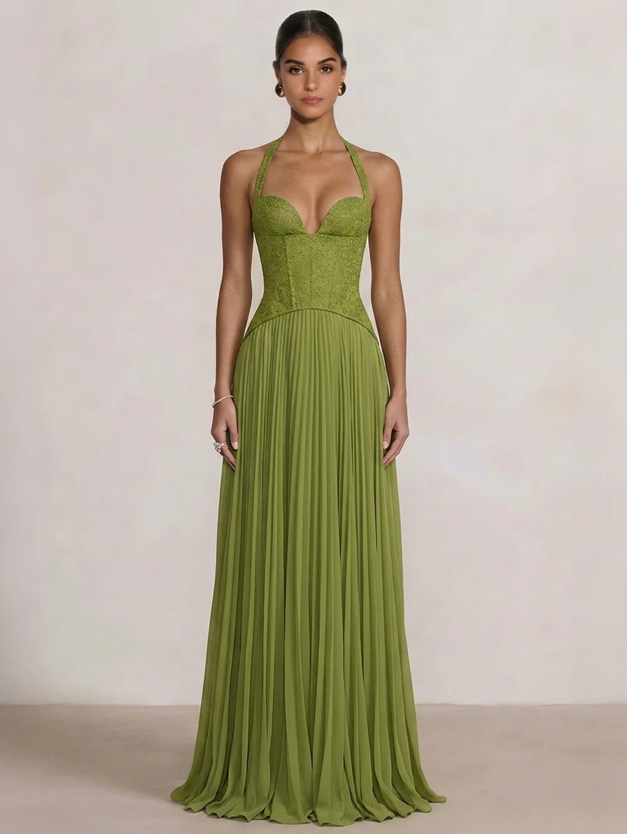 Mermaid Prom Dresses Lace Halter Neck Sleeves Floor-length Formal Dress With Pleated Maxi Chiffon Dress