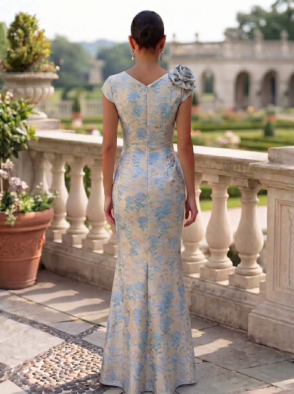 A-Line Evening Gown Elegant Jacquard Floral Dress Floor Length Short Sleeves Off Shoulder Mother Of The Bride Dresses with Shoulder Flower