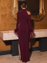 Sheath/Column Evening Dress One Shoulder Ruched Formal Christmas Party Dresses Floor Length With Feather High Slit
