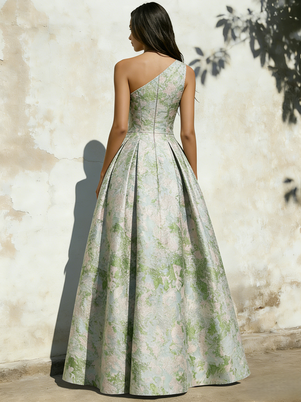 A-Line Prom Dress Elegant Floral Jacquard Dress Formal Floor Length Sleeveless One Shoulder with Slit Pocket Sage Wedding Guest Dress