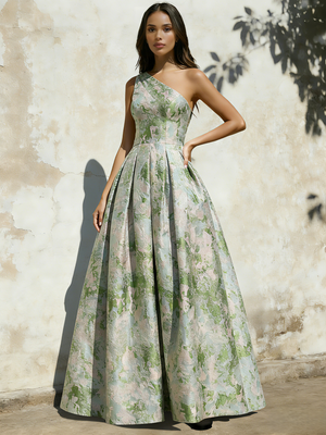 A-Line Prom Dress Elegant Floral Jacquard Dress Formal Floor Length Sleeveless One Shoulder with Slit Pocket Sage Wedding Guest Dress
