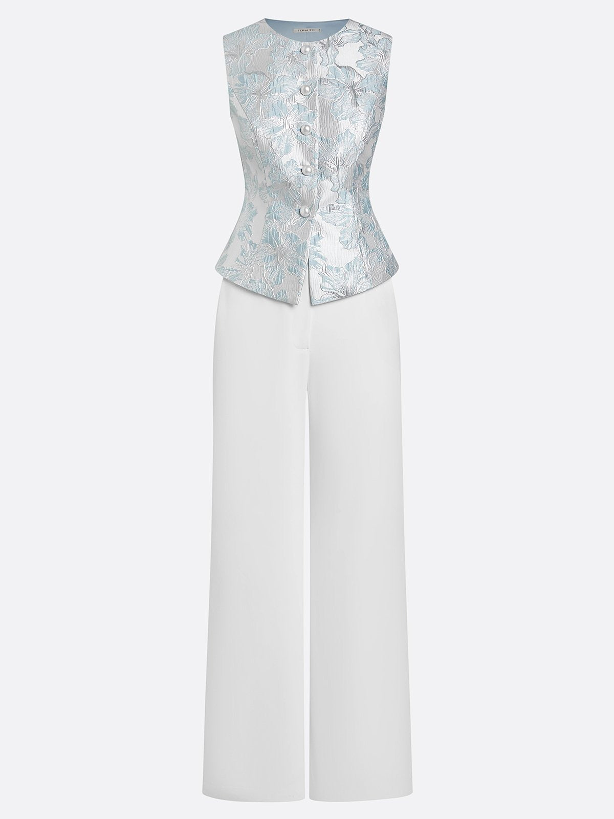 Formal Two-Piece Set White Jacquard Floral Buckle Crew Neck Sleeveless Dressy Top With Pants Mother Of The Bride Pantsuits