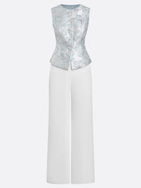 Formal Two-Piece Set White Jacquard Floral Buckle Crew Neck Sleeveless Dressy Top With Pants Mother Of The Bride Pantsuits