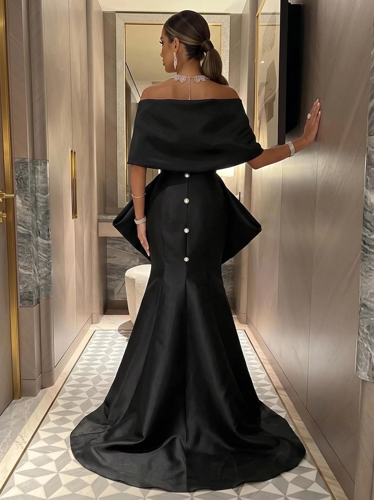 Sheath/Column Evening Dress Glamorous Satin Sculptural Bow Off-the-Shoulder Gala Gown with Pearl High Slit