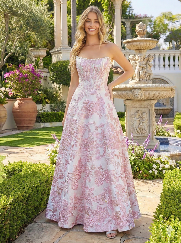 A Line Strapless Floral Long Prom Dress Basque Waist Corset Jacquard Dress With Pearls Ball Gowns