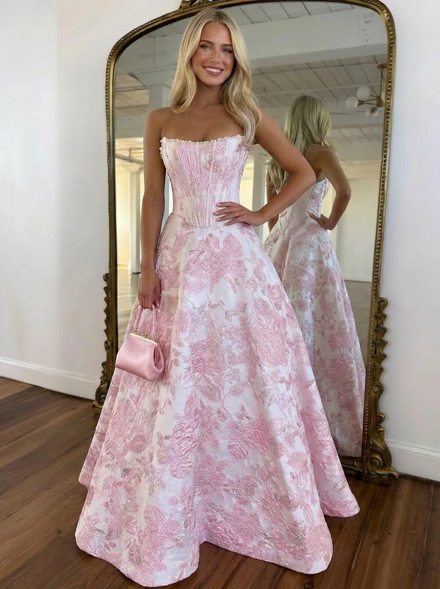 A Line Strapless Floral Long Prom Dress Basque Waist Corset Jacquard Dress With Pearls Ball Gowns