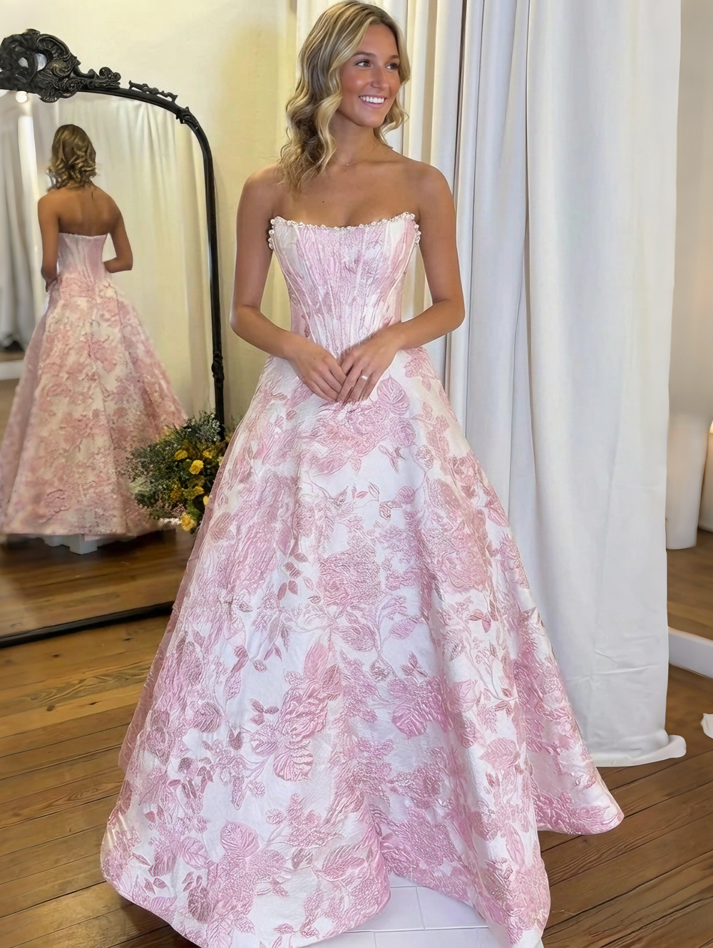 A Line Strapless Floral Long Prom Dress Basque Waist Corset Jacquard Dress With Pearls Ball Gowns