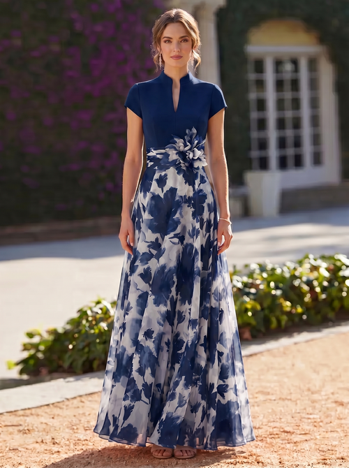 A Line/Princess Evening Dresses Shirt Collar Short Sleeves Floor Length Floral Prints With Flower Ruched Mother of the Bride Dresses
